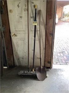 Pushbroom shovel and a rake