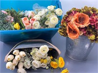 Large Lot of Artificial Flowers & Metal Containers