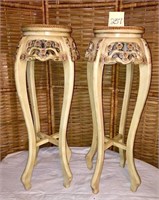 2- MCM Carved Wooden Marble Top Plant Stands