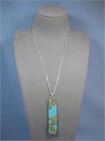 Sterling Silver Chain W/Block Turquoise Pendant