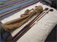 4 WOOD SHALF GOLF CLUBS , VINTAGE CANVAS BAG