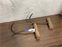 (2) Wood Handle Hay Hooks