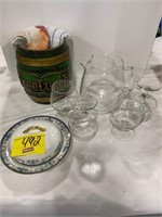 FREE LUNCH CERAMIC BARREL, ETCHED GLASS PITCHER &