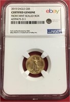 2015 EAGLE $5 MINT 1/10 OUNCE GOLD COIN