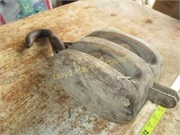 Antique Wood & Cast Iron Double Pulley