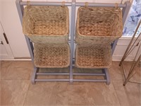 Country basket stand wood wicker 14 x 25 wide