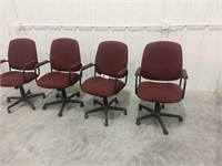 4 BURGANDY OFFICE CHAIRS WITH ARMS ON CASTORS