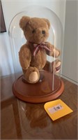 Stuffed Teddy Bear in a glass cloche with wooden