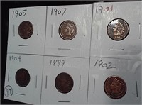 SIX old indian head pennies all different