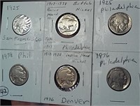 SIX different buffalo nickels dated 1913-1938