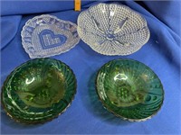 2 Clear and 2 Green Candy Nut Dishes