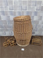 Wicker hamper and small bike with bench