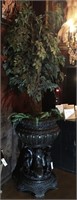 Large ornate Bronze plant pot w/faux plant,