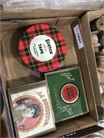 Tins--Lucky Strike, Scotch Tape, small wood box