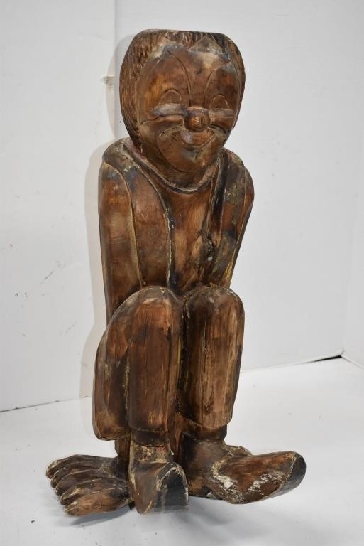 Unique 24" Carved Wood Clown Sitting on Hands