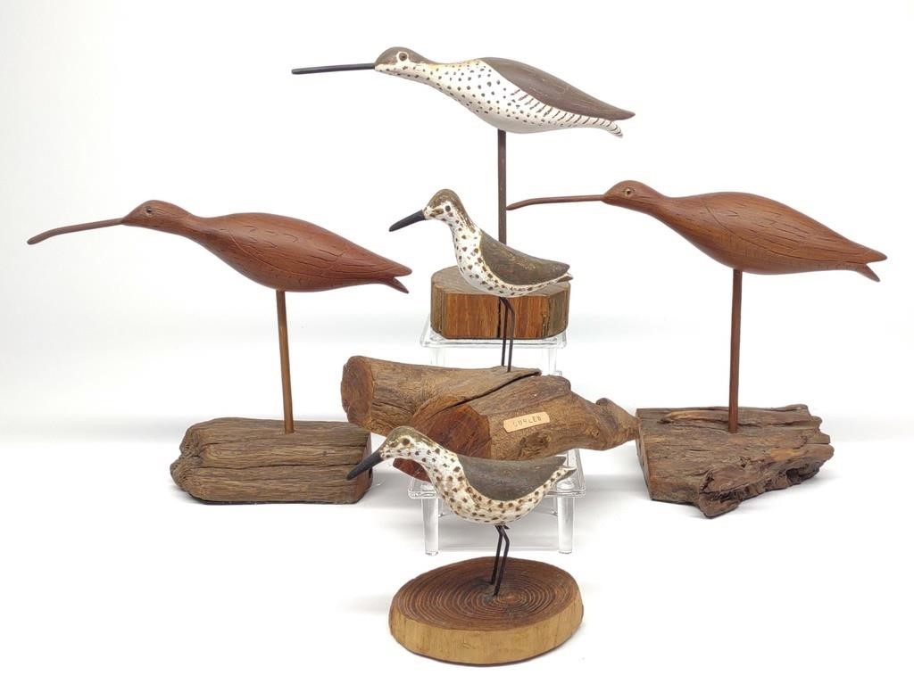 5 Carved Curlew Shore Bird Decoys