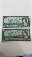 Two 1954 Canadian one dollar bills