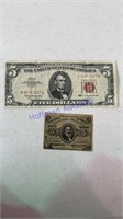 Fractional 5¢ currency bill and 1963 red seal $5