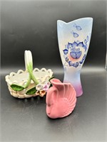 Lot of Vintage Ceramics, Basket Art Deco Swan Vase