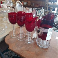 BEAUTIFUL RED GLASS PITCHER AND STEMWARE