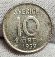 1959 Sweden Silver 10 Ore Coin 40%