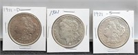 (3) 1921 Morgan Silver Dollars AU+: P,D,S