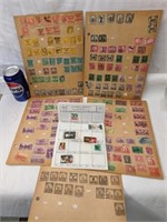 Vintage Stamp Book Pages w/ Stamps, Etc,