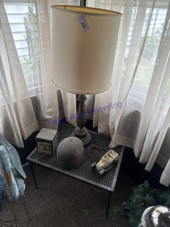 SHORT METAL TABLE W/ LAMP 14T X 18D X 24L, WOOD