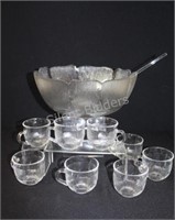 Pressed Glass 'Fleur" Punch Bowl, Cups & Ladle Set
