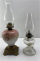 18in and 14in Antique glass oil lamps - pink is