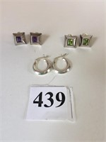 SILVER 925 HOOP EARRINGS TWO PAIR SQUARE WITH