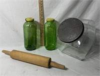 (2) Green Glass Water Jar & Glass Candy Jar