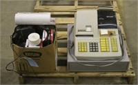 Box of Assorted Office Supplies & Cash Register
