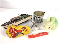 Model Boat, Tin Cup, Squeaky Toy