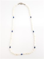 Freshwater pearl and silver necklace with lapis la