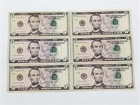 Star Note lot with: 6 $5 notes
