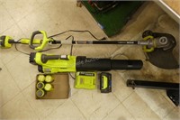 4 items RYOBI leaf blower, trimmer, cord and batte