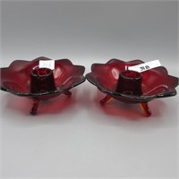 Fenton Ruby Footed 9 Petal Candle Holder - Pair