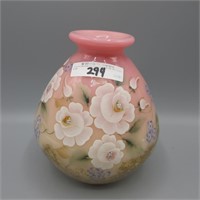 Fenton 5.5" burmese HP vase- K Plauchi