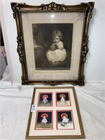 Antique child lithograph in ornate frame 20x17,