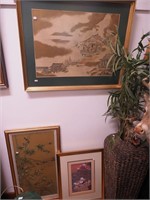 Three framed prints, two of birds, one