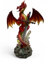 Light up red dragon with sword crystals sculpture