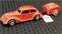 Red Cast Iron Arcade Toy Car w/ Red Arcade Trailer