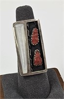 F. Panteah Signed Zuni Sterling Coral & Shell Ring