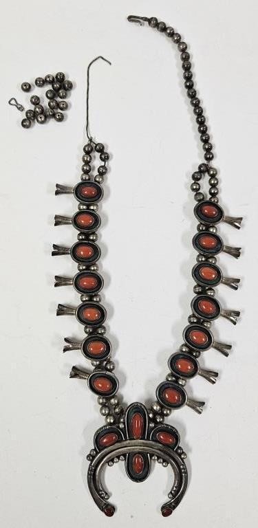 Vintage Sterling & Coral Squash Blossom Necklace