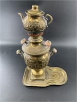 Small miniature Russian samovar with cup and chimn