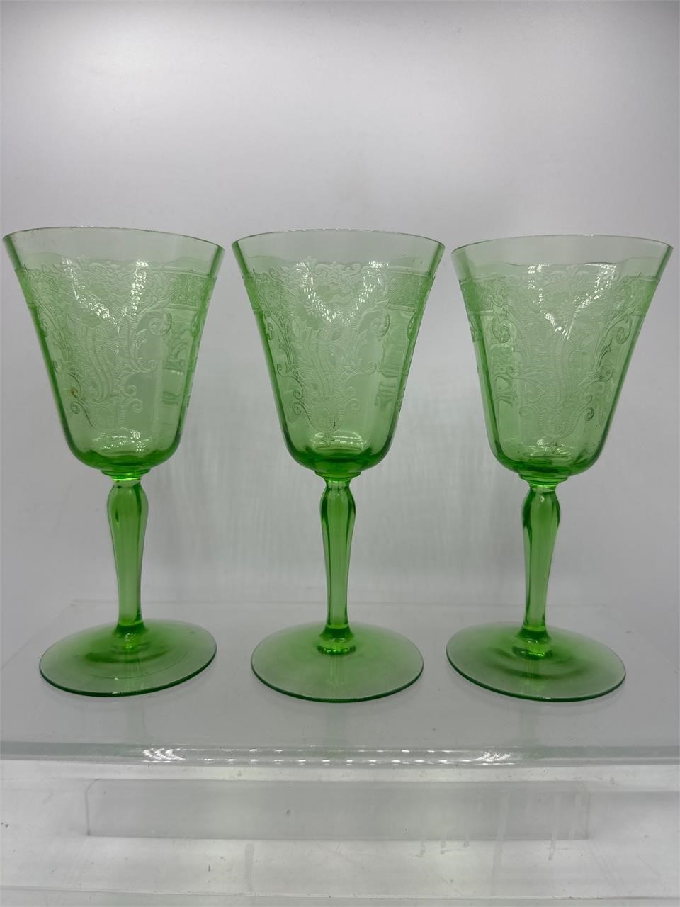 Green Fostoria vesper wine glasses