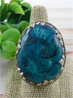 CHRYSOCOLLA RING WITH INTRICATE TOOLING ROCK STONE