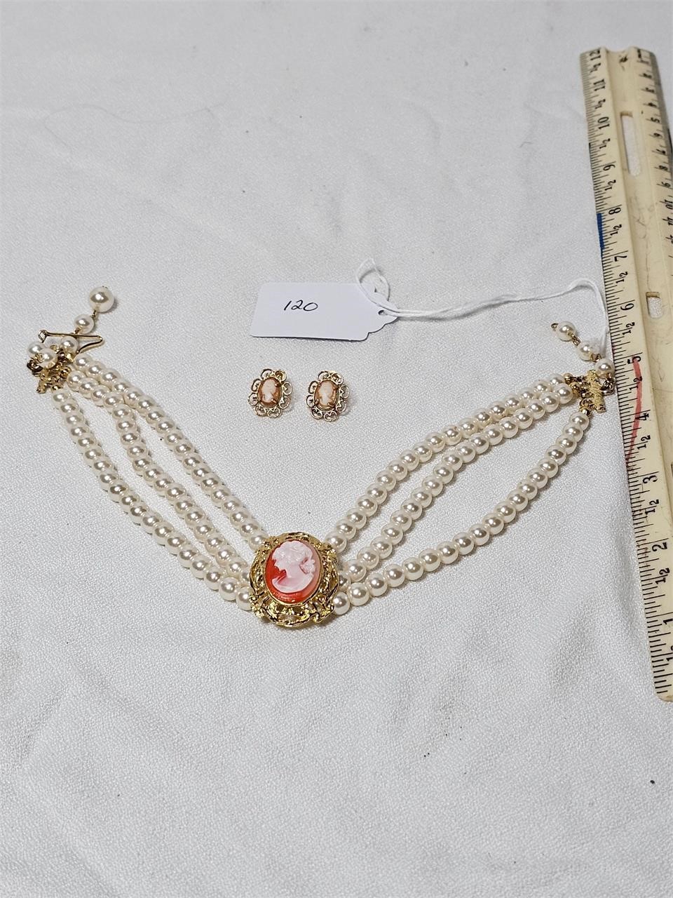 Pearl Cameo Choker Necklace With Matching Earrings