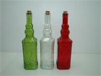 Red, Green and Clear Cork Bottles 12 inches tall